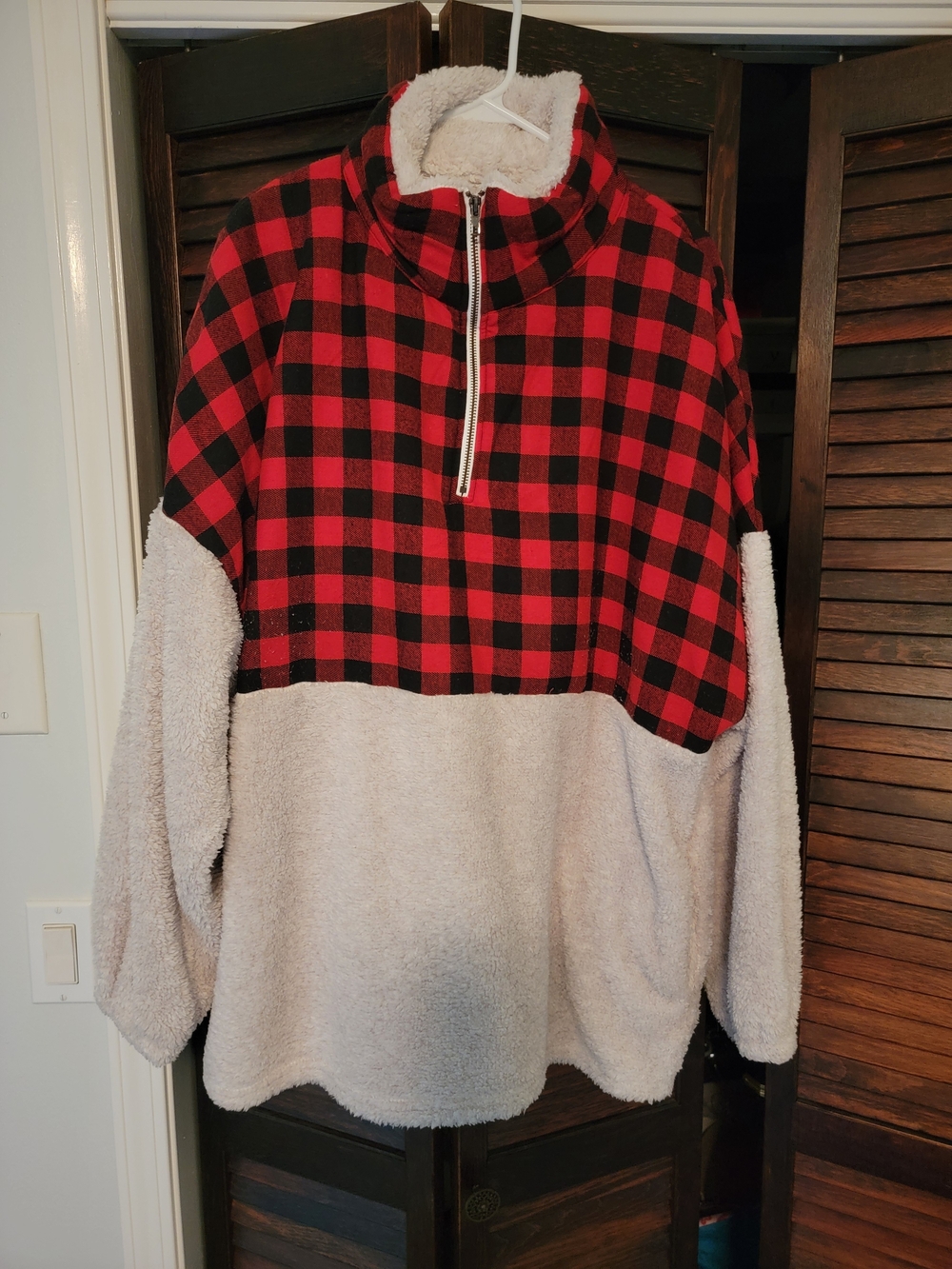 Cozy Teddy Half-Zip Jacket - Red Buffalo Plaid & Cream 1x-2x